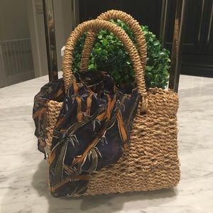 Small straw summer bag, with navy/orange scarf